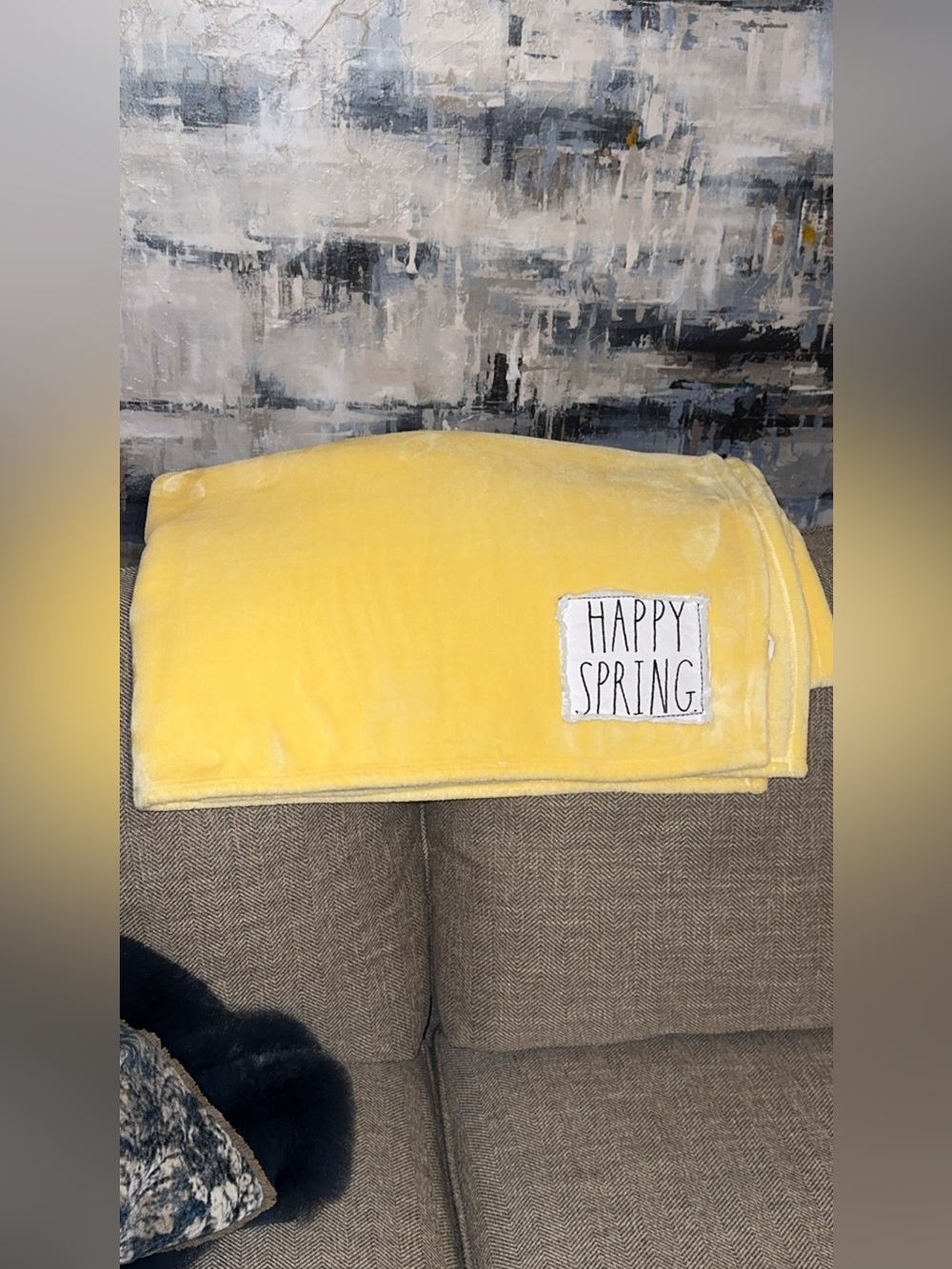 Rae Dunn Yellow 'Happy Spring' Plush Patch Throw/Blanket (Easter) Home Decor